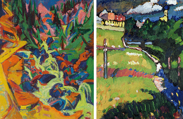 Left: Ernst Ludwig Kirchner, The Waterfall, 1919, private collection CAPTION: Right: Wassily Kandinsky, The Church in Murnau, 1908-09, Regional M. Vrubel Art Museum, Omsk